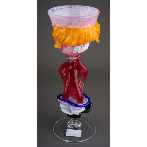 504 - Giancarlo Signoretto, Murano, glass goblet modelled as a lady clown with her pants by her ankles and... 