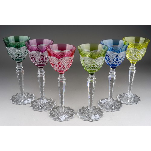 507 - A harlequin set of six St. Lambert cut-glass hock glasses, on a tapering clear stem and petal shaped...