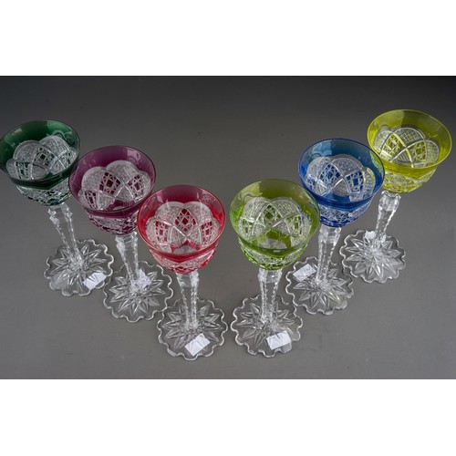 507 - A harlequin set of six St. Lambert cut-glass hock glasses, on a tapering clear stem and petal shaped... 