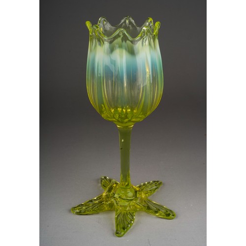 508 - A late 19th century Richardson & Sons vaseline/uranium glass tulip shaped pedestal vase or goblet, f... 