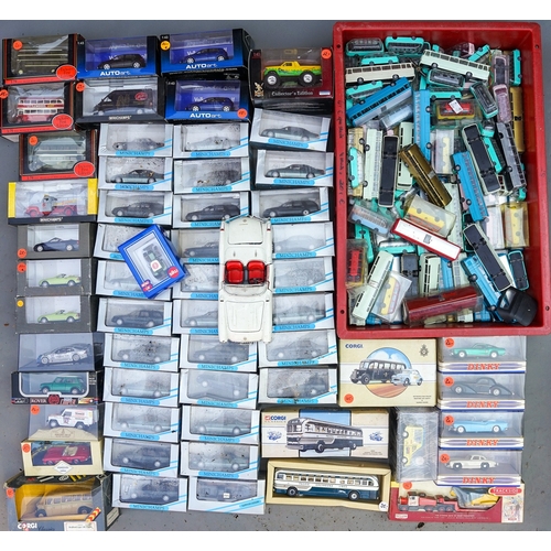 525 - 3 boxes of Auto Art, Minichamps Corgi, Dinky, EFE diecast vehicles, etc some boxed (water damaged af...