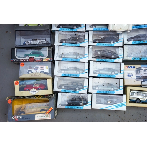 525 - 3 boxes of Auto Art, Minichamps Corgi, Dinky, EFE diecast vehicles, etc some boxed (water damaged af... 