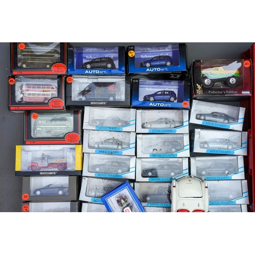 525 - 3 boxes of Auto Art, Minichamps Corgi, Dinky, EFE diecast vehicles, etc some boxed (water damaged af... 