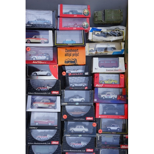 555 - 3 boxes of Schuco, Oxford, Brumm etc boxed diecast vehicles including classic Minis  plus others (bo... 