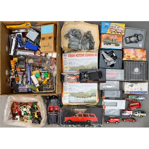 564 - 3 boxes of assorted cars, models, plastic figures etc