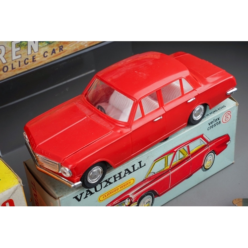 575 - A box of boxed and loose die cast, plastic and tin plate vehicles, the boxed cars comprise a Bandai ... 