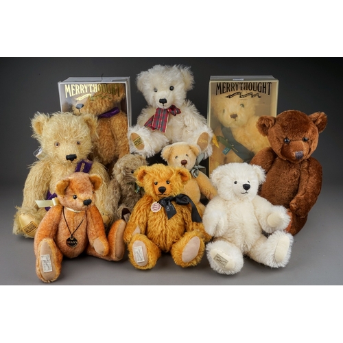 597 - Four Merrythought Bears to include: boxed Marie Curie Growler; boxed V&A oatmeal plush bear; mohair ... 