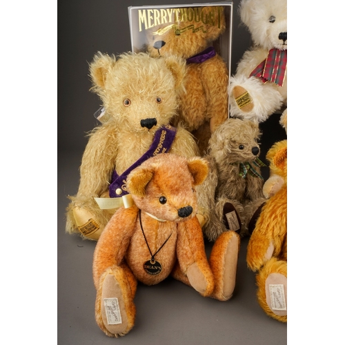 597 - Four Merrythought Bears to include: boxed Marie Curie Growler; boxed V&A oatmeal plush bear; mohair ... 