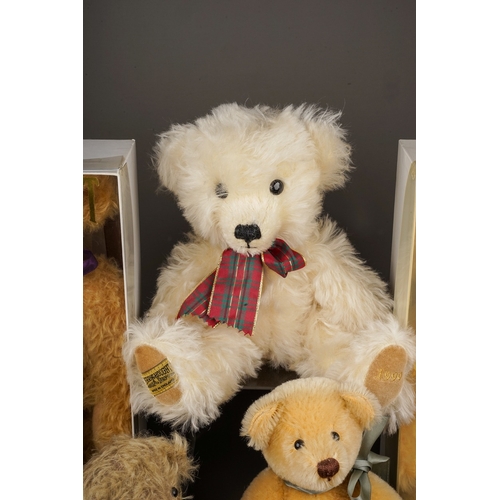 597 - Four Merrythought Bears to include: boxed Marie Curie Growler; boxed V&A oatmeal plush bear; mohair ... 