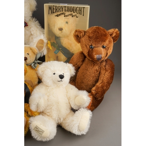 597 - Four Merrythought Bears to include: boxed Marie Curie Growler; boxed V&A oatmeal plush bear; mohair ... 