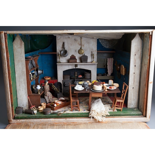 603 - A rare 19th Folk Art dolls diorama of a kitchen, complete with full interior and accessories, includ...