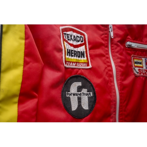 672 - Motorcycling interest- Framed Paddock jacket as worn by Barry Sheene - 2 times world 500CC motorcycl... 