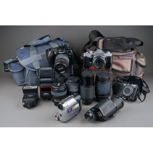 674 - A collection of mixed cameras and accessories to include Praktica mtl3 With tesser 50mm 2.8, Optimal... 