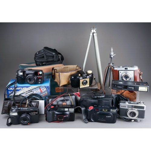 688 - A collection of film cameras to include a Canon Sureshot EX, Olympus superzoom 110, a Canon sureshot... 