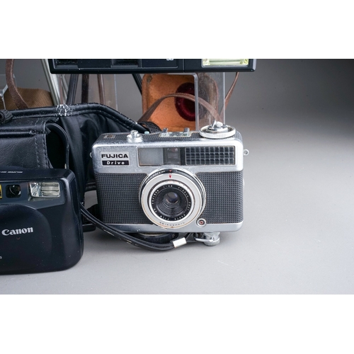 688 - A collection of film cameras to include a Canon Sureshot EX, Olympus superzoom 110, a Canon sureshot... 