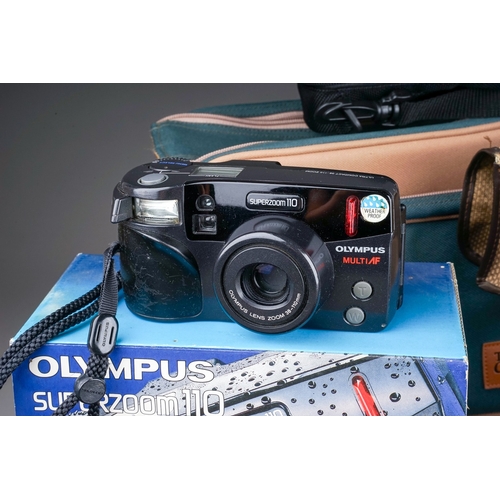 688 - A collection of film cameras to include a Canon Sureshot EX, Olympus superzoom 110, a Canon sureshot... 