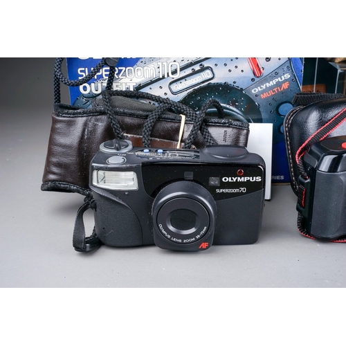 688 - A collection of film cameras to include a Canon Sureshot EX, Olympus superzoom 110, a Canon sureshot... 