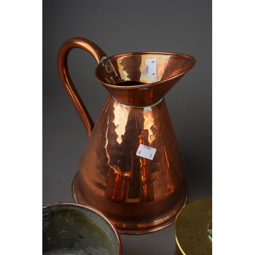 690 - A collection of brass and copperware to include: Duplex oil lamp base; a large serving jug, warming ... 