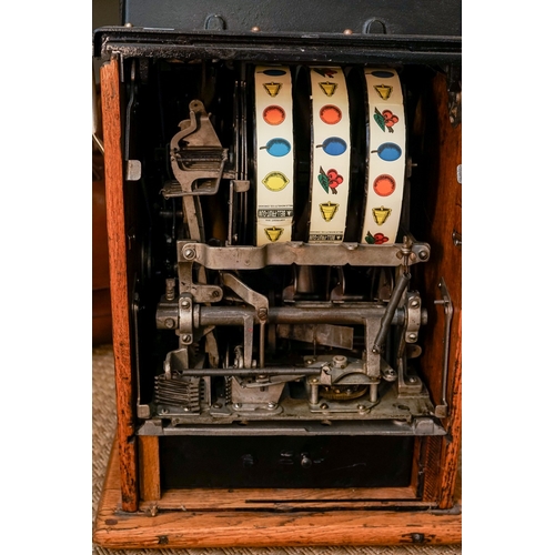 708 - Mills Diamonds front slot machine (one arm bandid) takes old copper pennies, working order, complete... 