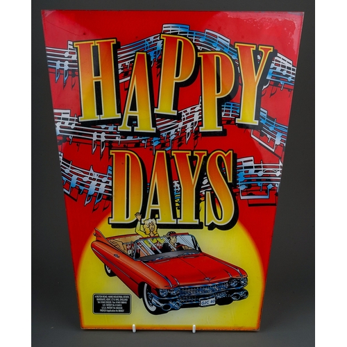 711 - Happy days slot machine / pin pong machine sign, measuring approx  42.5 cm high, 24 cm wide on base,... 