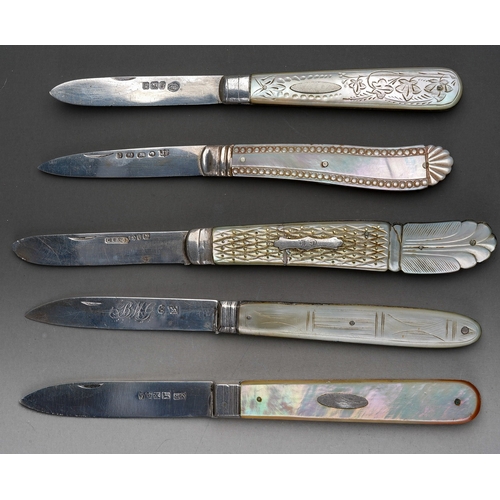 718 - Two 19th Century silver and mother-of-pearl handled fruit knives, one blade hallmarked circa 1820, t... 