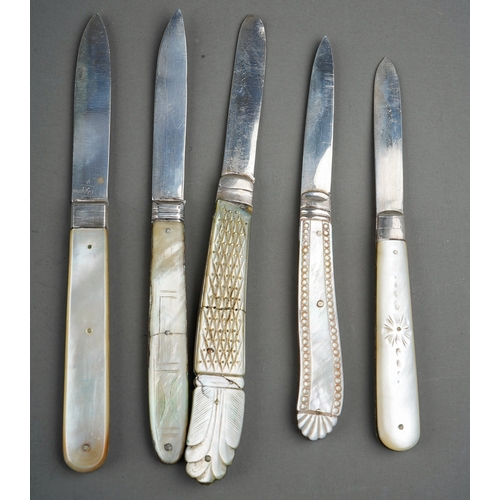 718 - Two 19th Century silver and mother-of-pearl handled fruit knives, one blade hallmarked circa 1820, t... 