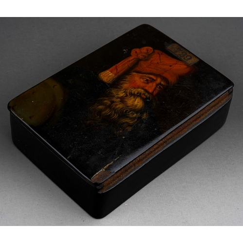 719 - A 19th century Russian lacquer snuff box, the hinged cover painted with a portrait of a man wearing ... 