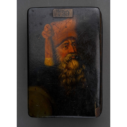 719 - A 19th century Russian lacquer snuff box, the hinged cover painted with a portrait of a man wearing ... 