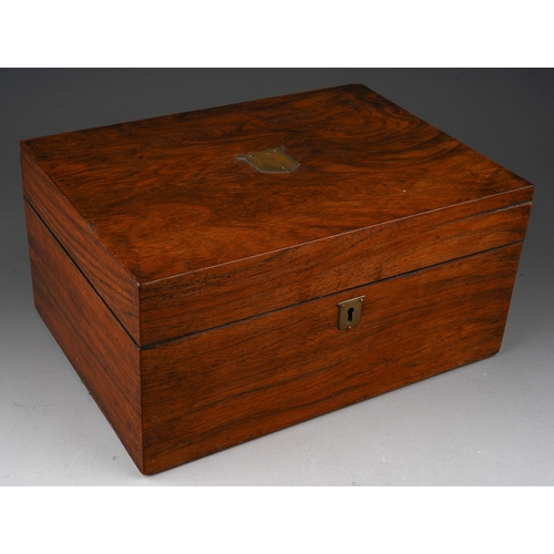 727 - A Victorian wood jewellery / sewing box, the cover applied with brass cartouche opens to reveal lift... 