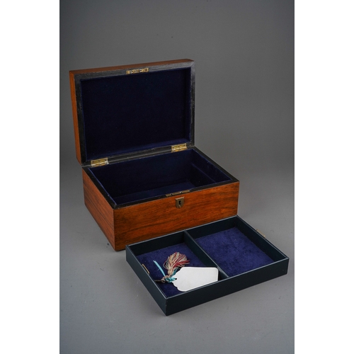 727 - A Victorian wood jewellery / sewing box, the cover applied with brass cartouche opens to reveal lift... 