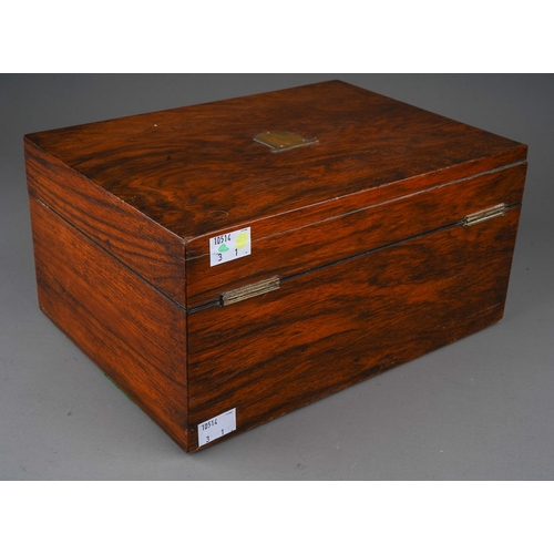 727 - A Victorian wood jewellery / sewing box, the cover applied with brass cartouche opens to reveal lift... 