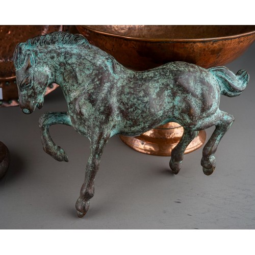 732 - A group of bronze, copper and silver plate, comprising a bronze model of a cantering horse, doesn't ... 