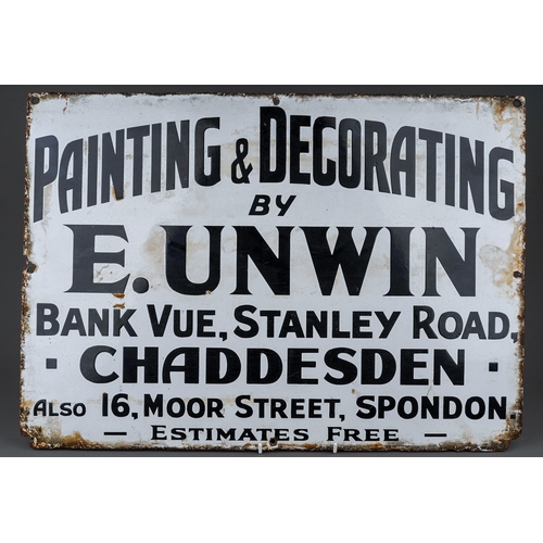 737 - Antique heavy enamel sign for Painting and Decorating by E.Unwin Bank Vue, Stanley road, Chaddesden,... 