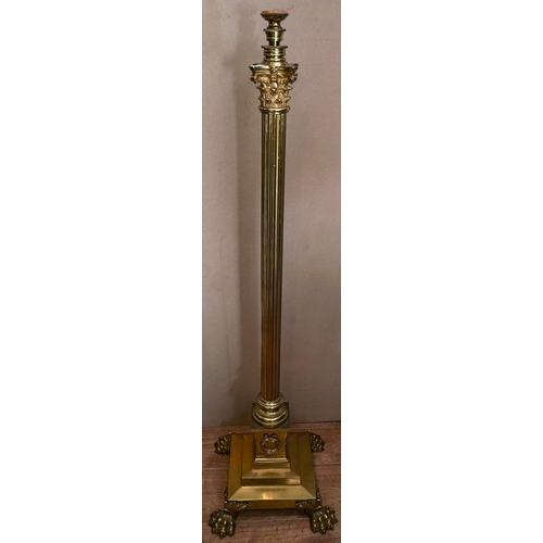 747 - An early 20th century brass telescopic standard lamp stand, with Corinthian column, stepped square b... 