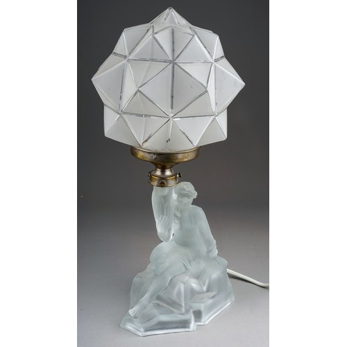 752 - An Art Deco frosted glass figural table lamp with star shaped shade, worn chrome plated collar, heig... 