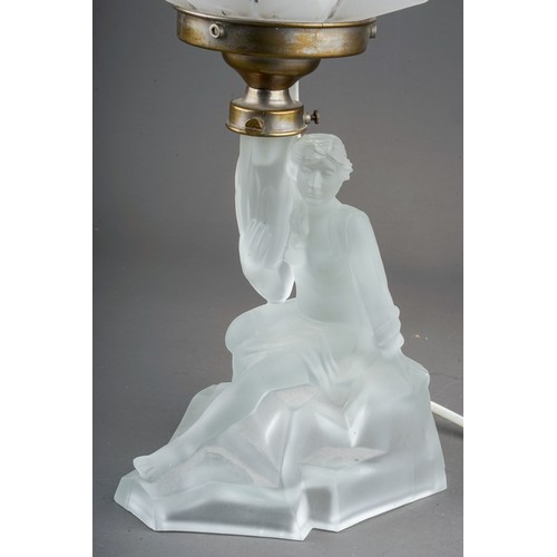 752 - An Art Deco frosted glass figural table lamp with star shaped shade, worn chrome plated collar, heig... 