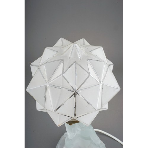 752 - An Art Deco frosted glass figural table lamp with star shaped shade, worn chrome plated collar, heig... 