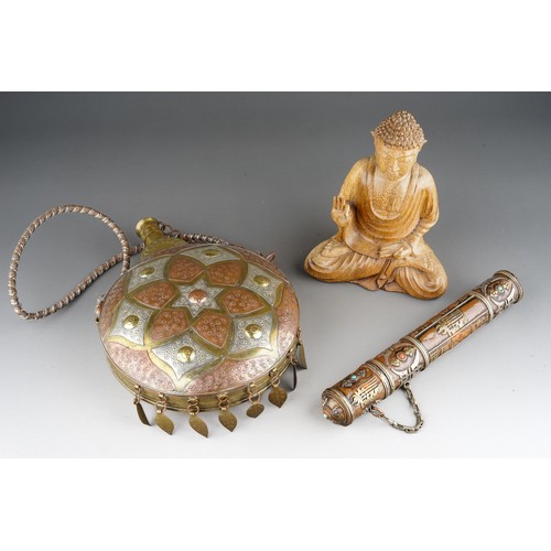 759 - Three items of Middle Eastern / Oriental metalware and treen, comprising a cylindrical copper prayer... 