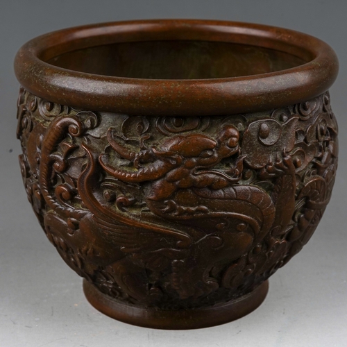 767 - Chinese Bronze Bowl decorated with kylin amongst clouded background with Koro mark to base