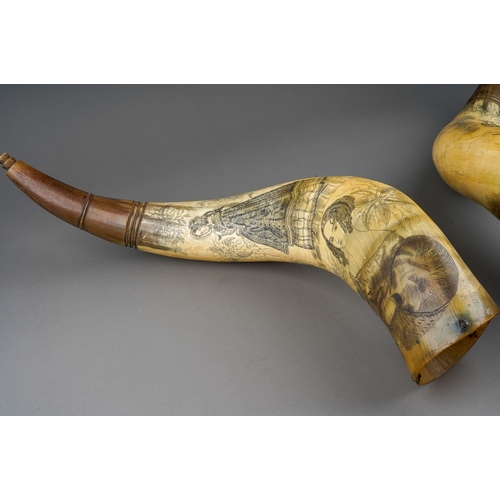 778 - A pair of of 19th Century Scrimshaw powder horns, engraved with images of young women, one with two ... 