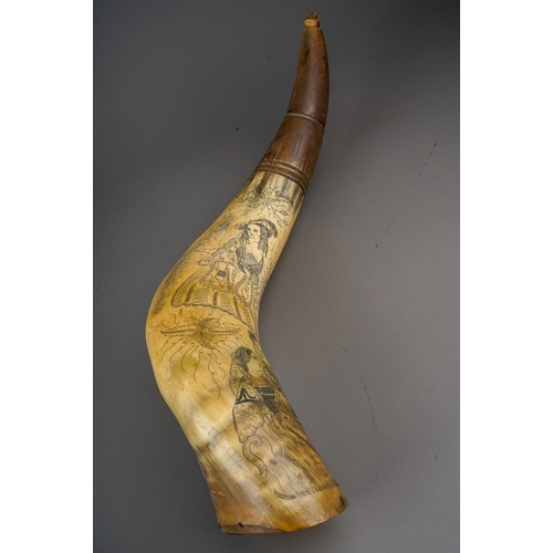 778 - A pair of of 19th Century Scrimshaw powder horns, engraved with images of young women, one with two ... 