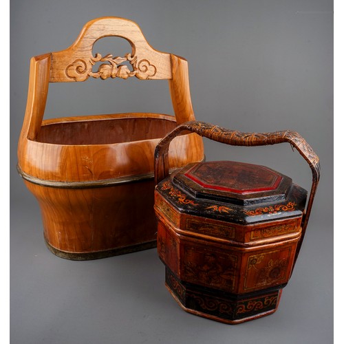 779 - Two pieces of Chinese treen, comprising a lacquered and painted single tier octagonal wedding basket... 