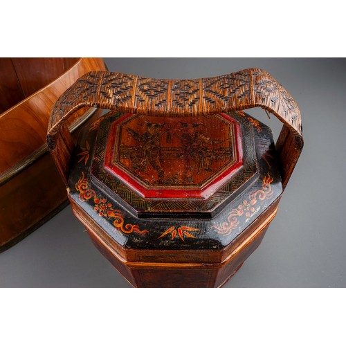 779 - Two pieces of Chinese treen, comprising a lacquered and painted single tier octagonal wedding basket... 