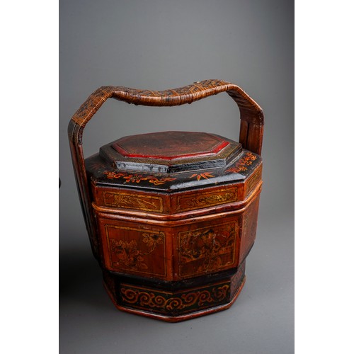 779 - Two pieces of Chinese treen, comprising a lacquered and painted single tier octagonal wedding basket... 