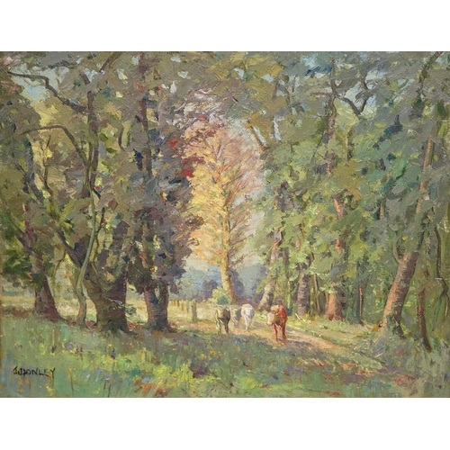 785 - John Donley (20th Century)
Cattle in woodland
impasto oil on linen, 50.5 x 61cm 
signed lower left, ... 