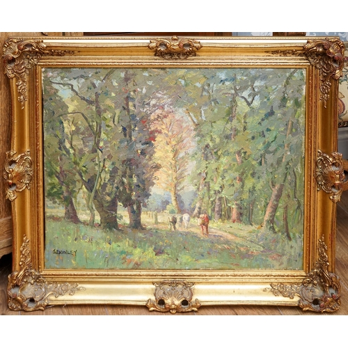 785 - John Donley (20th Century)
Cattle in woodland
impasto oil on linen, 50.5 x 61cm 
signed lower left, ... 