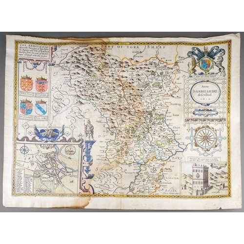 790 - Derbyshire, John Speed (1552-1629, a two-page map, 'Darbieshire defcribed Anno 1610 Performed by Joh... 