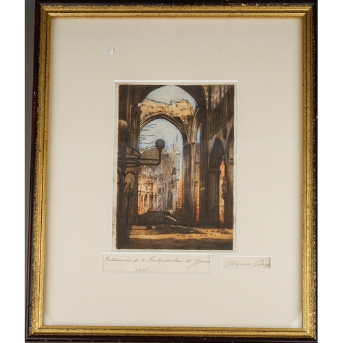 793 - Marcel Augis (French XIX/XX) two tinted etchings of Reims cathedral and interior of Ypres cathedral,... 