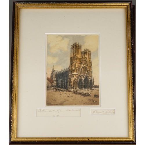 793 - Marcel Augis (French XIX/XX) two tinted etchings of Reims cathedral and interior of Ypres cathedral,... 