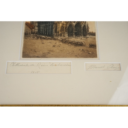 793 - Marcel Augis (French XIX/XX) two tinted etchings of Reims cathedral and interior of Ypres cathedral,... 